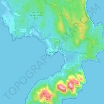 Mapa topográfico Coles Bay, altitude, relevo