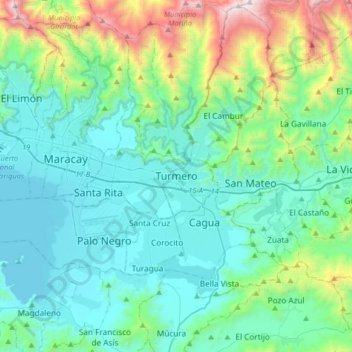 Mapa topográfico Turmero, altitude, relevo