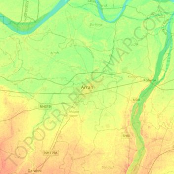 Mapa topográfico Arrah, altitude, relevo