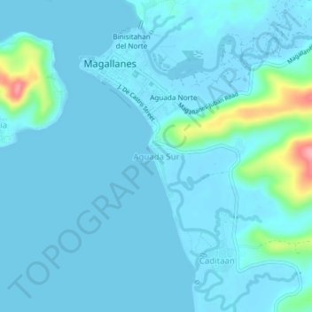 Mapa topográfico Aguada Sur, altitude, relevo