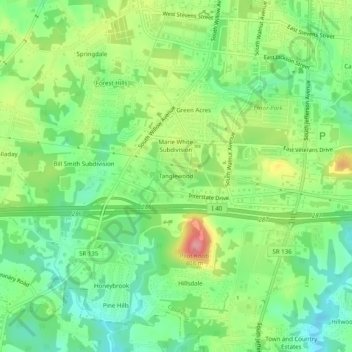 Mapa topográfico Tanglewood, altitude, relevo