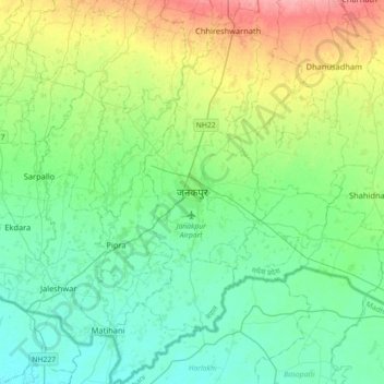 Mapa topográfico Janakpur, altitude, relevo