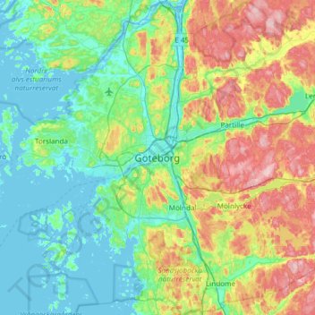 Mapa topográfico Gothenburg, altitude, relevo