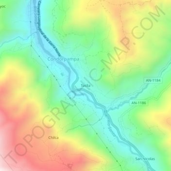Mapa topográfico Toclla, altitude, relevo