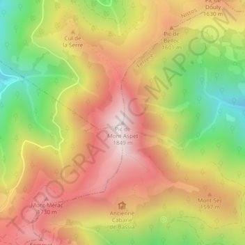 Mapa topográfico Pic de Mont Aspet, altitude, relevo