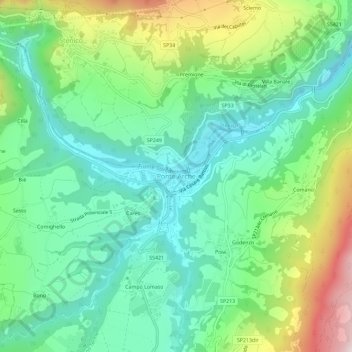 Mapa topográfico Ponte Arche, altitude, relevo