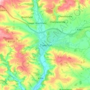 Mapa topográfico Tiverton, altitude, relevo