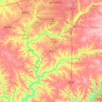 Mapa topográfico Nixa, altitude, relevo