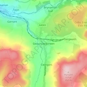 Mapa topográfico Gwaun-Cae-Gurwen, altitude, relevo