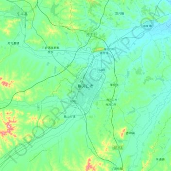 Mapa topográfico 梅河口市, altitude, relevo