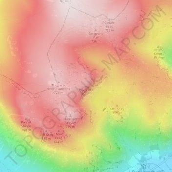 Mapa topográfico Pavey Ark, altitude, relevo