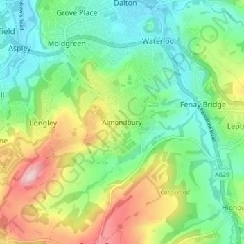 Mapa topográfico Almondbury, altitude, relevo