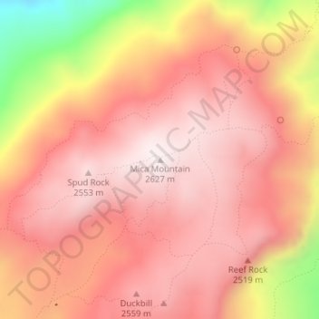 Mapa topográfico Mica Mountain, altitude, relevo