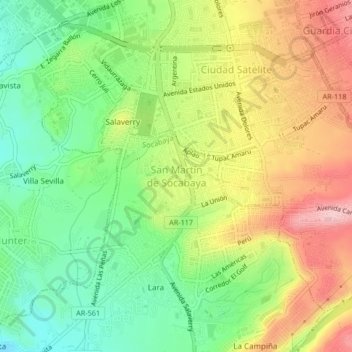 Mapa topográfico San Martín de Socabaya, altitude, relevo