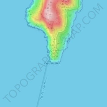 Mapa topográfico Cabo Fisterra, altitude, relevo