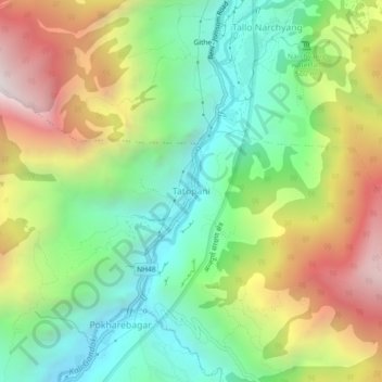 Mapa topográfico Tatopani, altitude, relevo