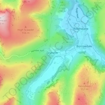 Mapa topográfico Seatoller, altitude, relevo