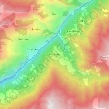 Mapa topográfico Dhunche, altitude, relevo