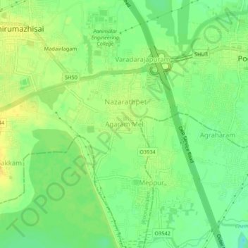Mapa topográfico Agaram Mel, altitude, relevo