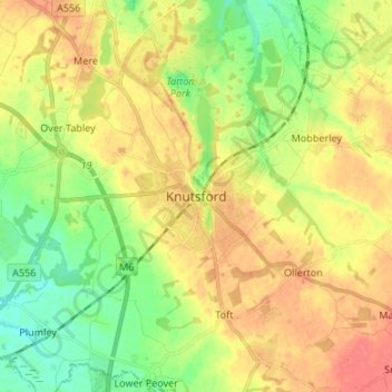 Mapa topográfico Knutsford, altitude, relevo