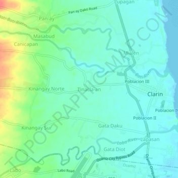 Mapa topográfico Tinacla-an, altitude, relevo