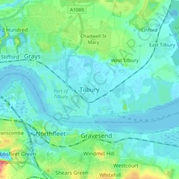 Mapa topográfico Tilbury, altitude, relevo