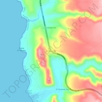 Mapa topográfico El Teniente, altitude, relevo