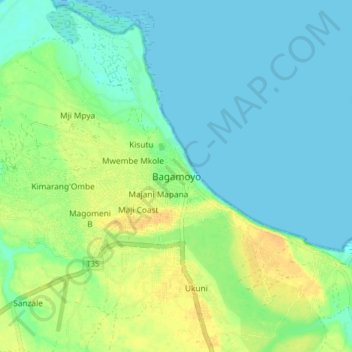 Mapa topográfico Bagamoyo, altitude, relevo