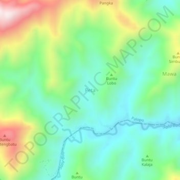 Mapa topográfico Peta, altitude, relevo