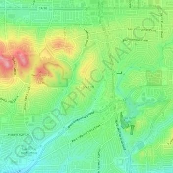 Mapa topográfico Sunny Hills, altitude, relevo