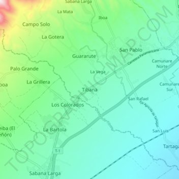 Mapa topográfico Tibana, altitude, relevo
