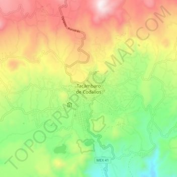 Mapa topográfico Tacámbaro de Codallos, altitude, relevo