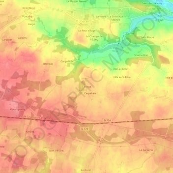 Mapa topográfico Caringa, altitude, relevo