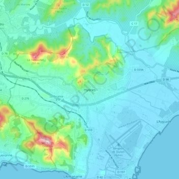 Mapa topográfico Hyères, altitude, relevo
