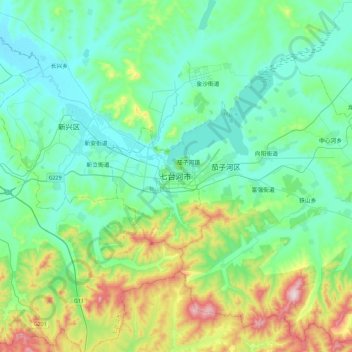 Mapa topográfico 七台河市, altitude, relevo