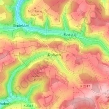 Mapa topográfico Diebach, altitude, relevo