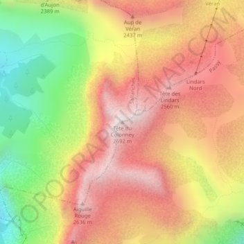 Mapa topográfico Tête du Colonney, altitude, relevo