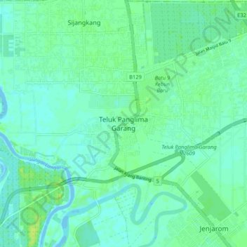 Mapa topográfico Teluk Panglima Garang, altitude, relevo