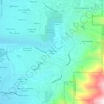 Mapa topográfico Dimple Dell Oaks, altitude, relevo