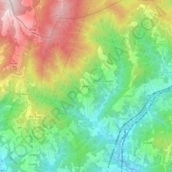 Mapa topográfico Paveto, altitude, relevo