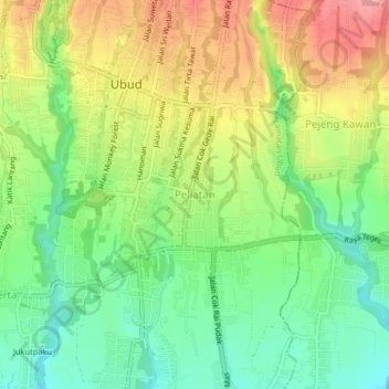 Mapa topográfico Peliatan, altitude, relevo
