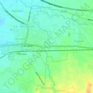 Mapa topográfico Mejayan, altitude, relevo