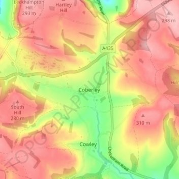 Mapa topográfico Coberley, altitude, relevo