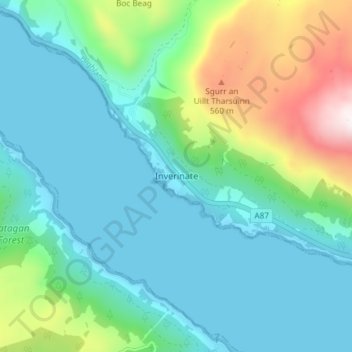 Mapa topográfico Inverinate, altitude, relevo