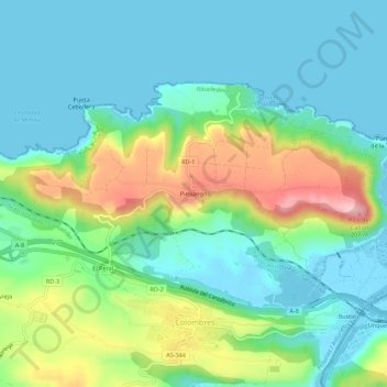 Mapa topográfico Pimiango, altitude, relevo