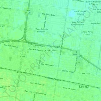 Mapa topográfico L R Bell Colonia, altitude, relevo
