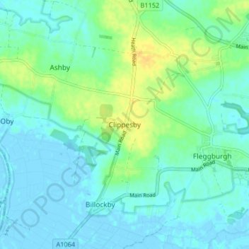 Mapa topográfico Clippesby, altitude, relevo