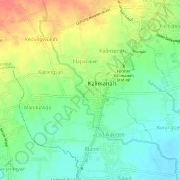 Mapa topográfico Kalimanah Kulon, altitude, relevo