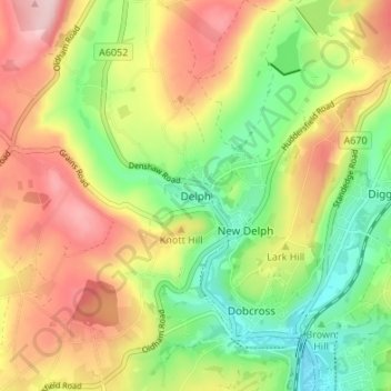 Mapa topográfico Delph, altitude, relevo