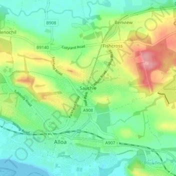 Mapa topográfico Sauchie, altitude, relevo